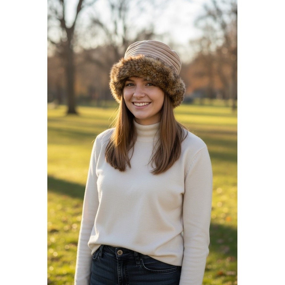 Isotoner Womens Cloche Hat Beige OS Faux Fur Trim Stretch NOS‎ vintage old money